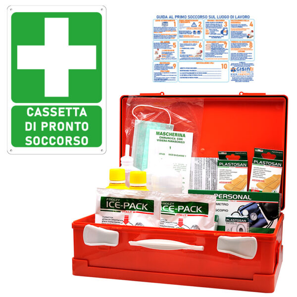 Cassetta Pronto Soccorso All.1 per Aziende con 3 o più Lavoratori Gruppo A  e B + Cartello PVC 30x20 Cassetta Colore Arancio 